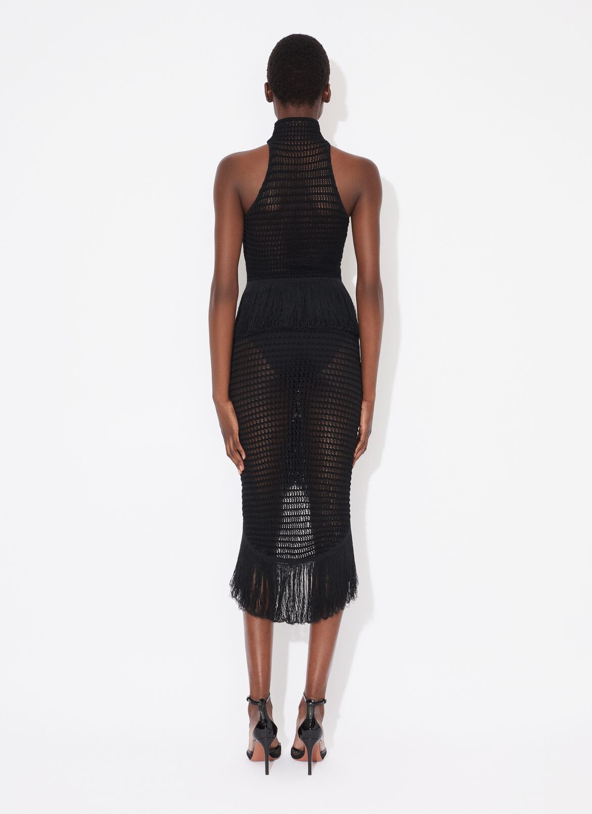 FRINGED BODYCON CROCHET SKIRT ALAÏA BLACK FRINGED BODYCON CROCHET SKIRT